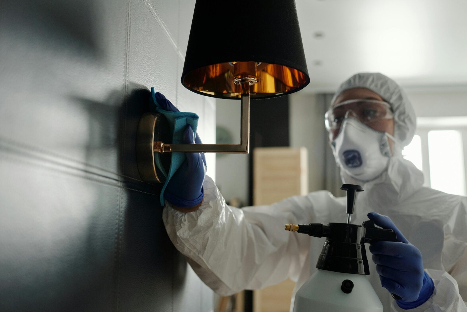 Disinfecting wall-mounted lamp in Odessa, TX home with protective gear - professional cleaning technician from Lilly's Cleaning Service