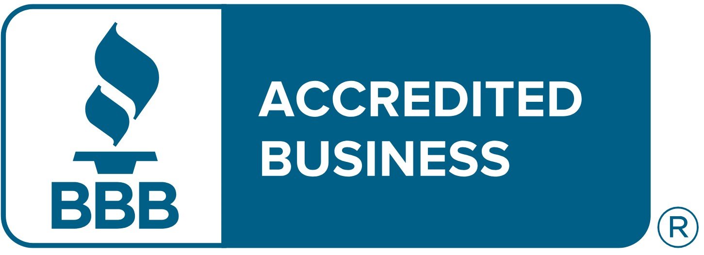 Blue logo featuring the BBB flame symbol with the text "Accredited Business" prominently displayed.