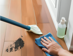 A person cleaning wooden flooring using a mop and cloth, with a small bottle of cleaning solution nearby.