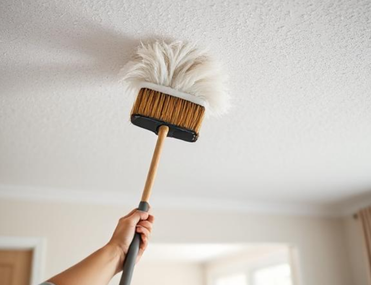 A person uses a duster with a fluffy head to clean a textured ceiling in a bright, tidy room.