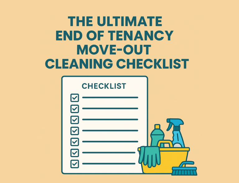 Graphic featuring a cleaning checklist alongside cleaning supplies, titled "Ultimate End of Tenancy Move-Out Cleaning Checklist."