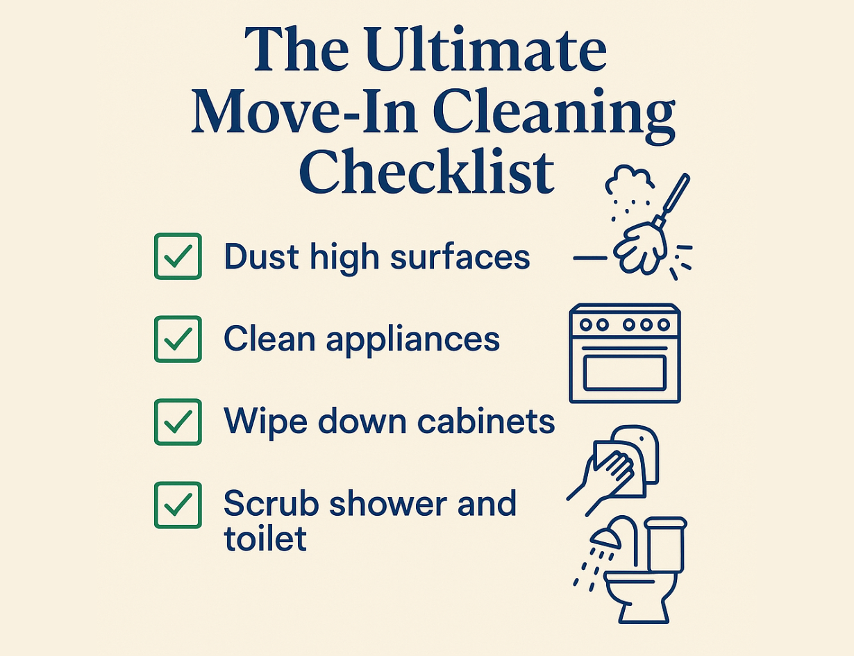 A cleaning checklist for moving in, including dusting, appliance cleaning, wiping cabinets, and scrubbing the shower and toilet.